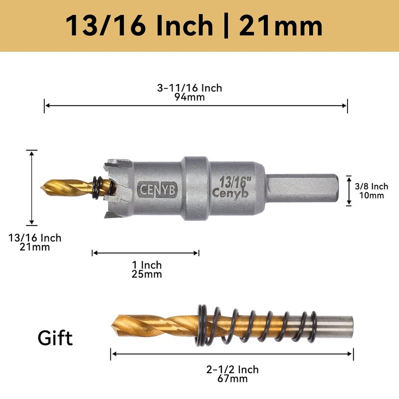 cenyb 13/16" (21mm) Tungsten Carbide Tipped Hole Saw with 2Pcs Titanium-Plated Pilot Drill Bits for Hard Metal,Stainless Steel,Iron,Aluminum Alloy,Wood and Plastic - Image 2
